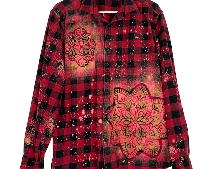 Handmade Floral Flannel Shirt Mens Size Large Unisex Bleached Plaid Button Down