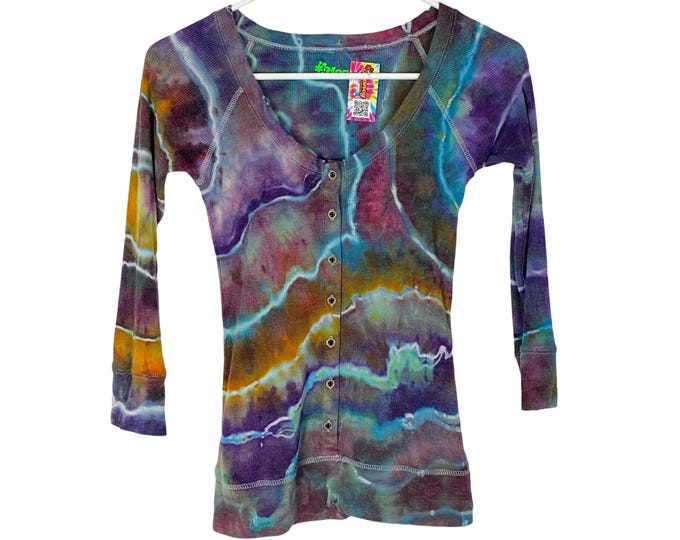 Handmade Geode Tie Dye Henley Tee Shirt Top Womens Small Boho Chic Purple Blue Tshirt One Of A Kind Free Shipping