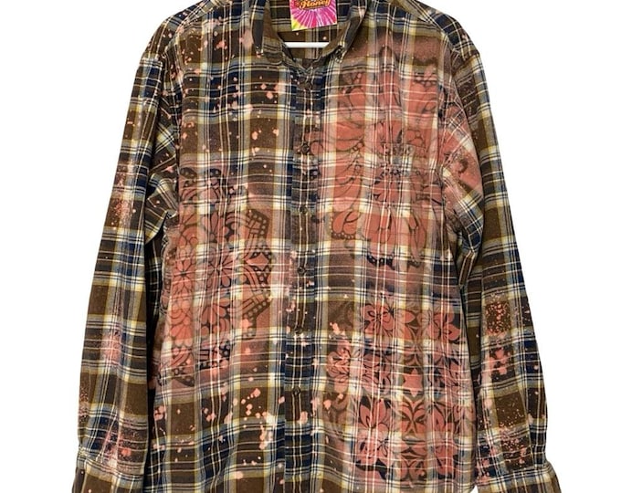Handmade Floral Flannel Shirt Mens Size XL Unisex Bleached Plaid Button Down