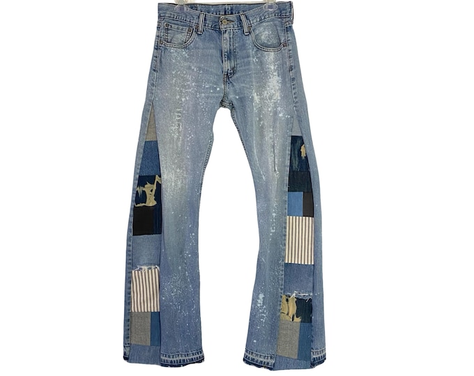 Levi’s Patchwork Jeans Waist 28 Womens Size 6 Small Flare Wide Leg Handmade Blue Rare Denim Free Shipping
