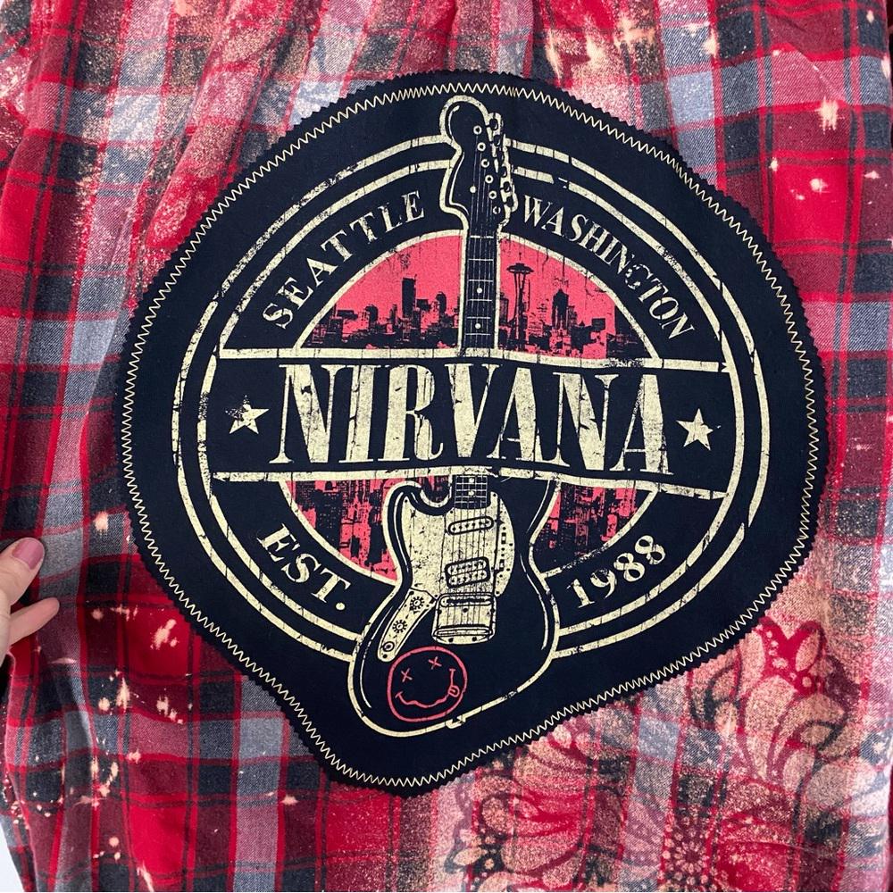 Nirvana Band Flannel Shirt Mens XL Tall Womens XXL Reworked Bleached Plaid Red Free Shipping