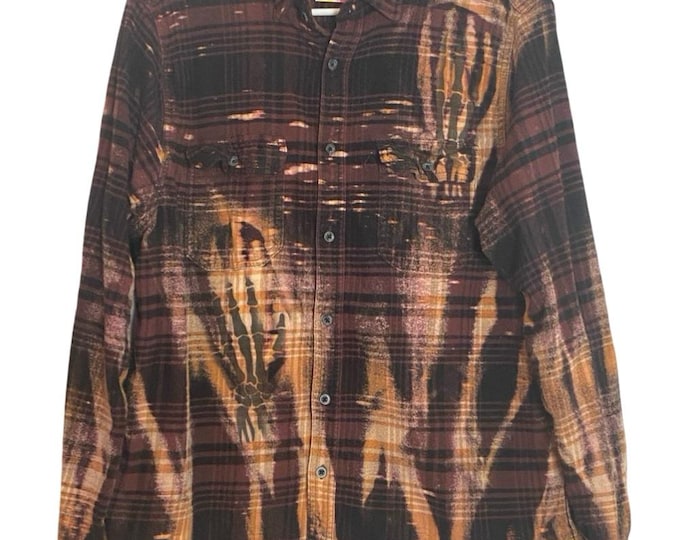 Reworked Flannel Bleached Shirt Mens Size Medium Handmade Upcycled OOAK Black