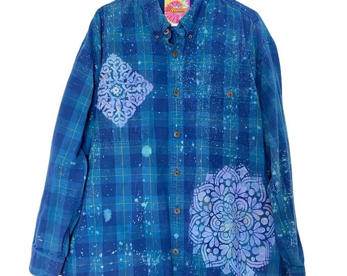 Handmade Floral Denim Flannel Shirt Mens Size 2XL Unisex Blue Plaid Button Down