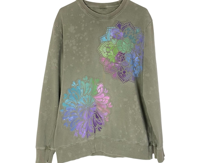Hand Painted Floral Mandala Sweatshirt Pullover Womens Size Large XL Flower Stencil Shirt One Of A Kind Colorful Free Shipping