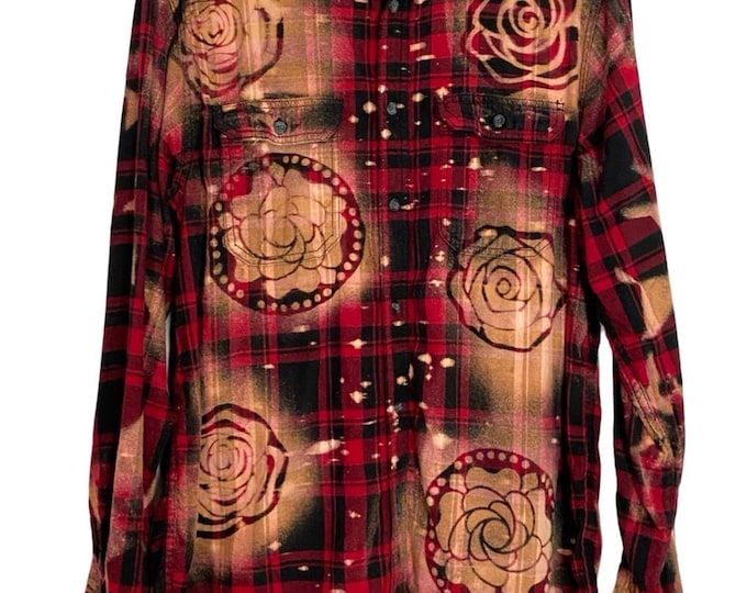 OOAK Custom Floral Flannel Bleached Shirt Mens Size Medium Unisex Red Roses