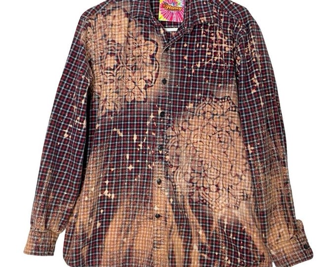 Upcycled Bleached Flannel Shirt Mens Size Large Unisex Floral Plaid Handmade