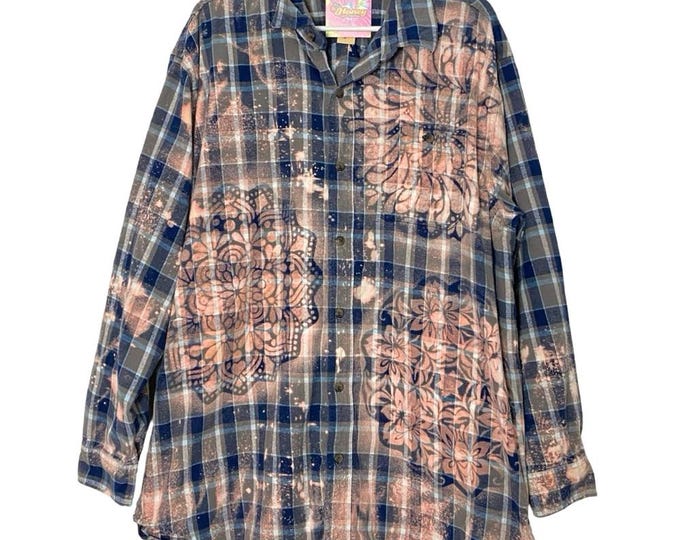 Upcycled Floral Flannel Shirt Men Size 2X Tall Unisex Bleached Plaid Button Down