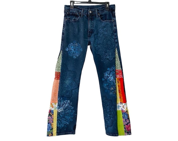 Upcycled Levis Jeans Waist 28 Womens Size 6 Handmade Patchwork Flare Blue OOAK