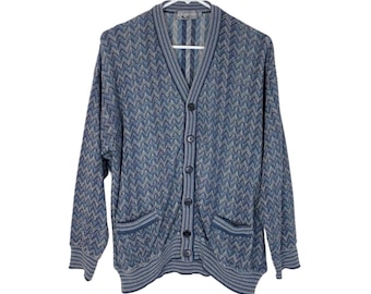 Vintage 90s Oversized Grandpa Cardigan Sweater Size Large XL Blue Long Sleeve Free Shipping