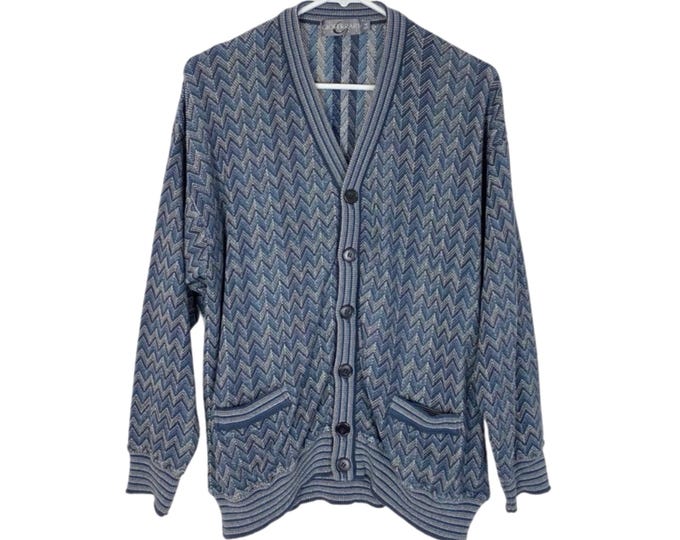 Vintage 90s Oversized Grandpa Cardigan Sweater Size Large XL Blue Long Sleeve Free Shipping