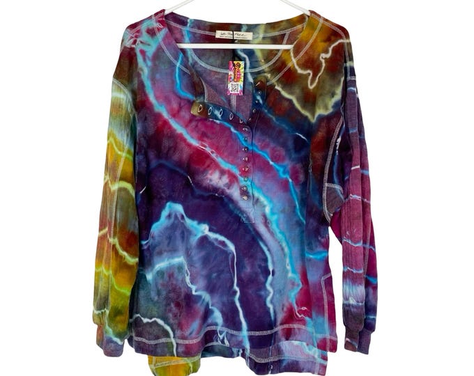 Free People Henley Tunic Top Shirt Womens Small Oversized Long Sleeve Rainbow Colorful Ice Geode Tie Dye One Of A Kind Free Shipping