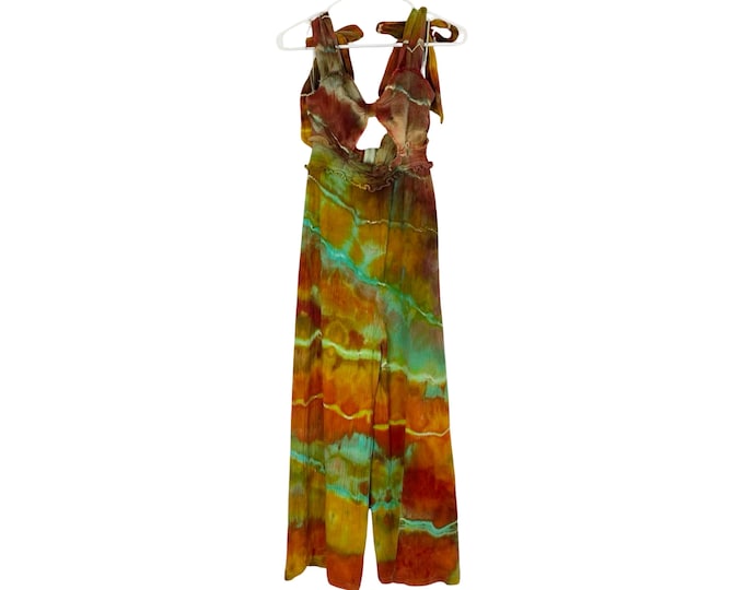 Upcycled Tie Dye Jumpsuit Womens Size Small Wide Leg High Waist Tie Shoulder Jumper Romper Handmade Colorful Art Free Shipping