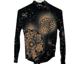 Handmade Upcycled Floral Stencil Turtleneck Top, Organic Cotton XXS