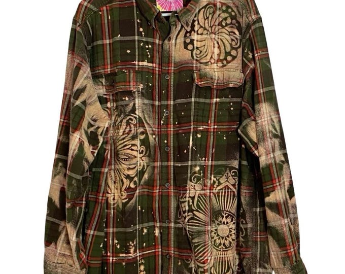Custom Reworked Flannel Shirt Unisex Size XXL Handmade Upcycled Floral Mandala Design, 100% Cotton