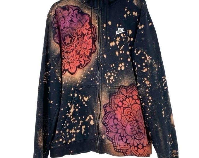 Custom Hoodie Sweatshirt Zip Up Jacket Men Size Large Unisex Mandala Stencil Black OOAK