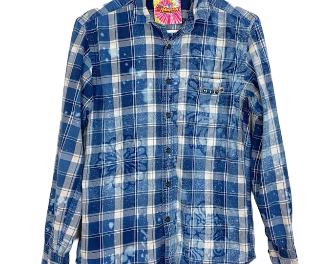 Handmade Boho Flannel Shirt Womens Small Denim Chambray Stencil Bleached Plaid Free Shipping
