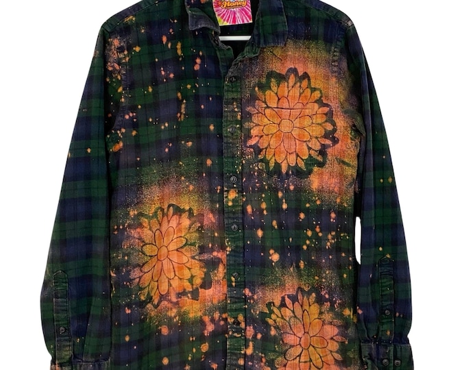 Handmade Boho Farmhouse Flannel Womens Medium Large Floral Bleached Plaid Button Down Shirt Oversized Blue Green Reworked Free Shipping