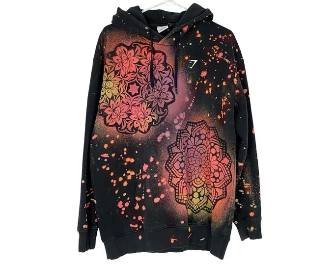 Handmade Hoodie Sweatshirt Pullover Mens Size Large Unisex Mandala Stencil Black Neon Floral Front Pocket Free Shipping