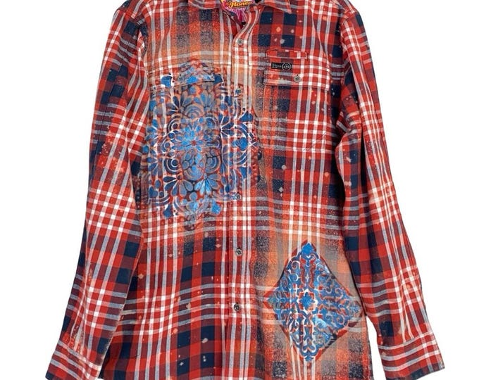 Handmade Floral Flannel Shirt Womens Size Medium Red Bleached Plaid Button Down