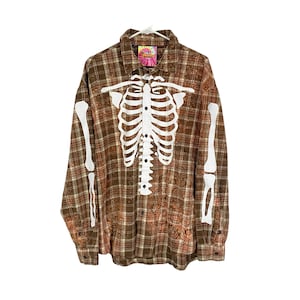 Upcycled Skeleton Flannel Shirt Mens Large Unisex Splatter Bleached Brown Plaid Free Shipping