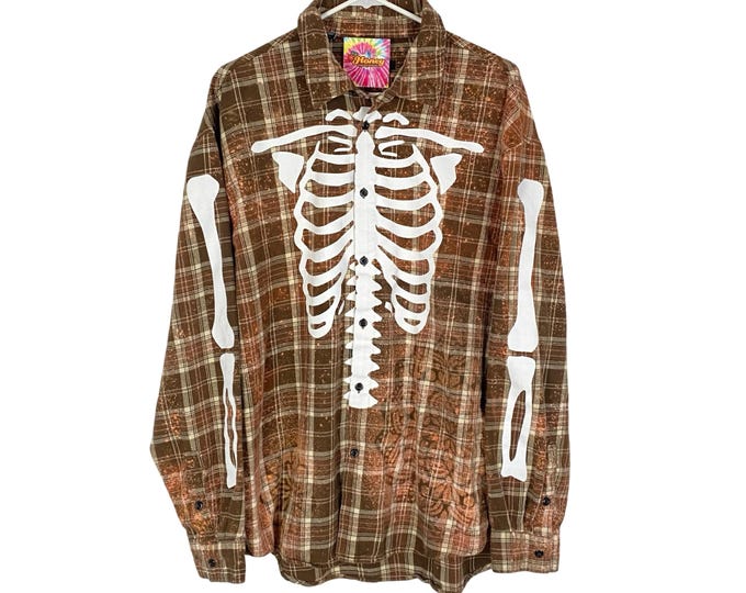 Upcycled Skeleton Flannel Shirt Mens Large Unisex Splatter Bleached Brown Plaid Free Shipping