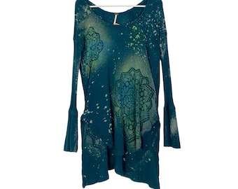 Upcycled Free People Thermal Shirt Women Size Small Teal Green Blue FP Tunic Pullover Floral Stencil Top Boho Chic Flower Free Shipping