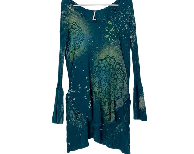 Upcycled Free People Thermal Shirt Women Size Small Teal Green Blue FP Tunic Pullover Floral Stencil Top Boho Chic Flower Free Shipping