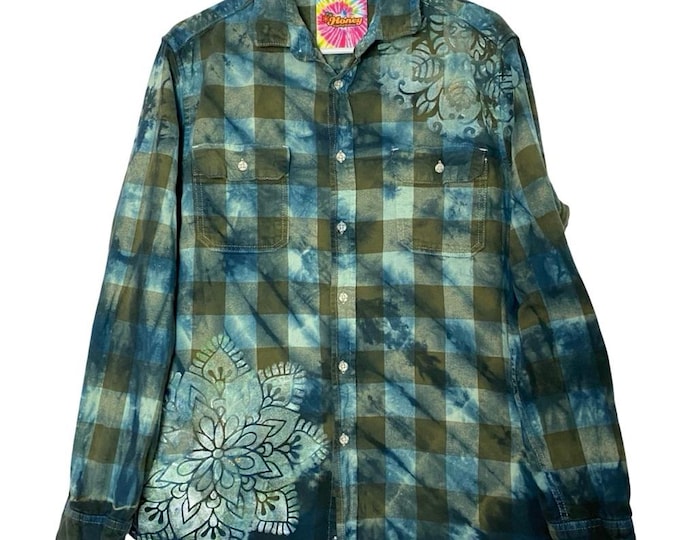 Handmade Floral Flannel Shirt Mens Size Large Unisex Tie Dye Plaid Button Down