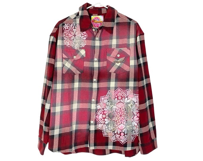 Boho Flannel Shirt Womens Large XL Mandala Stencil Plaid Hand Painted Cotton Red Free Shipping