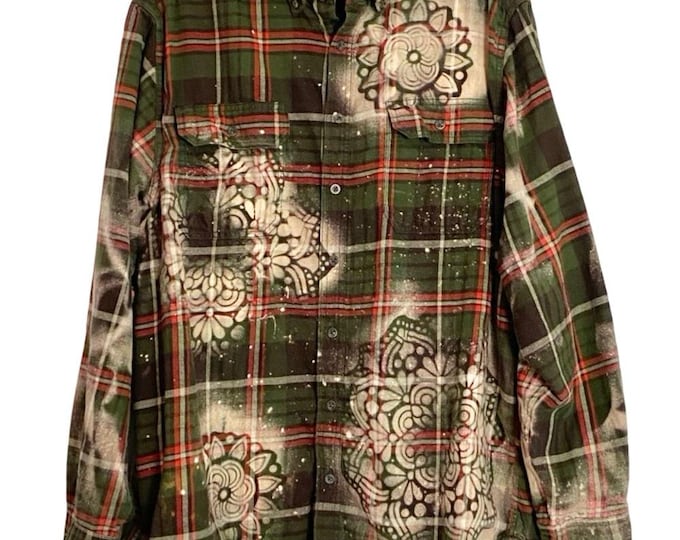 Custom Floral Flannel Bleached Shirt Mens Size XXL Unisex Style Green Mandala