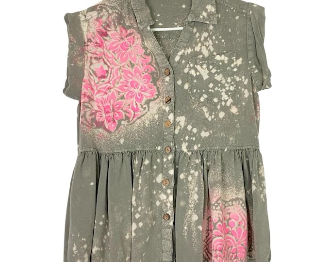 Handmade Floral Tunic Top Shirt Womens Size Small Army Green Bleached Neon Pink Free Shipping