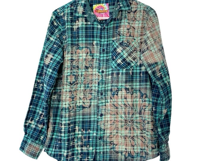 Handmade Floral Flannel Shirt Mens Size Medium Large Unisex Plaid Button Down