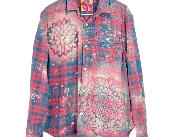 Boho Flannel Shirt Shacket Womens Size Medium Large Pink Plaid Canvas Jacket