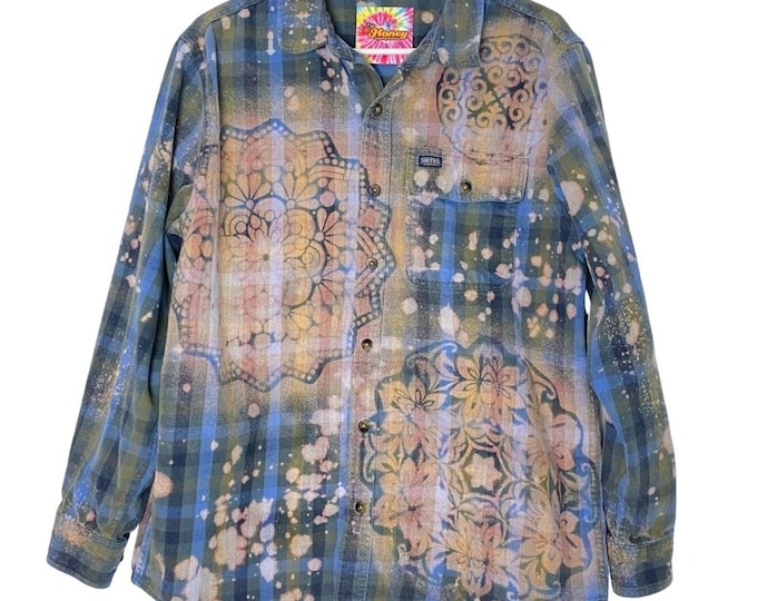 Handmade Floral Flannel Shirt Mens Size Medium Large Unisex Bleached Plaid Blue