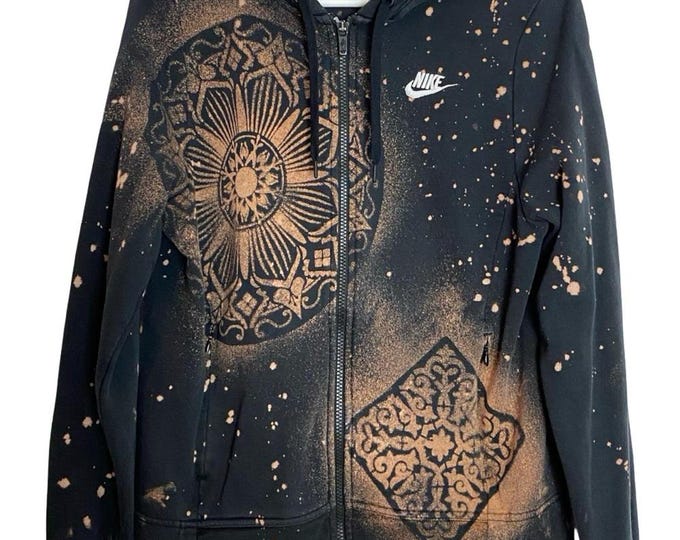 Custom Hoodie Sweatshirt Womens Size Medium Black Floral Full Zip Up Pocket OOAK