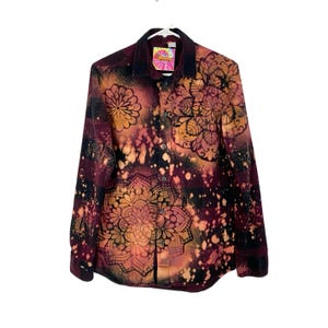 Handmade Flannel Shirt Womens XS Boho Floral Mandala Stencil Bleached Upcycled Button Down Red Wearable Art Free Shipping