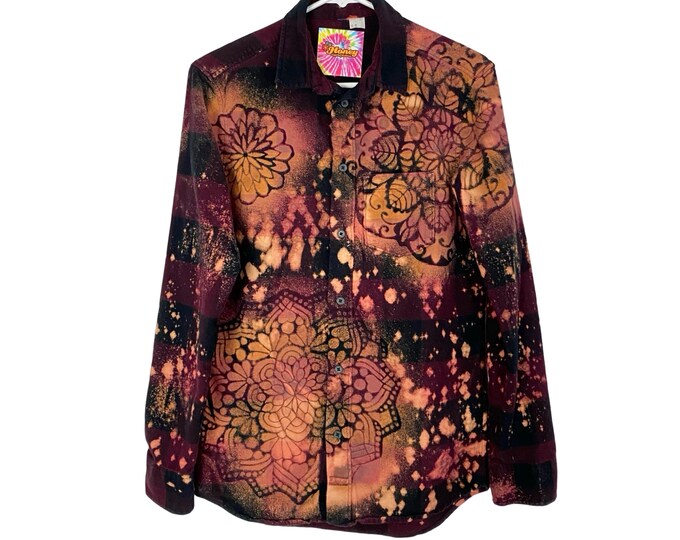 Handmade Flannel Shirt Womens XS Boho Floral Mandala Stencil Bleached Upcycled Button Down Red Wearable Art Free Shipping