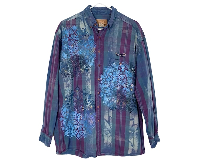 Upcycled Denim Shirt Shacket Womens Size Large Hand Painted Floral Striped Blue Free Shipping