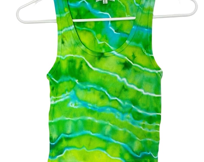 Handmade Geode Ice Tie Dye Ribbed Tank Top Shirt Womens Size XS Neon Green Crop