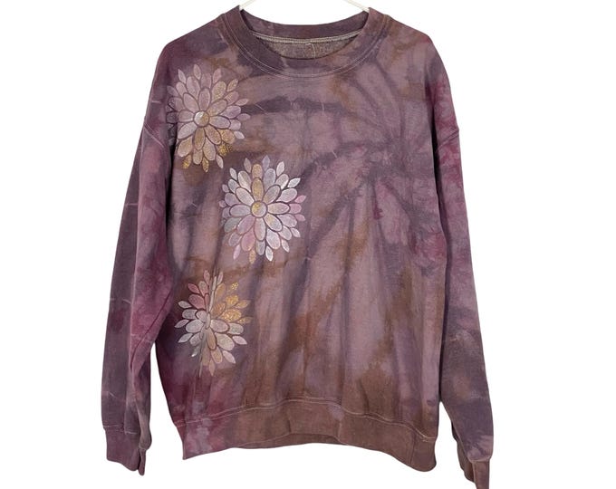 Handmade Tie Dye Sweatshirt Pullover Womens Large XL Daisy Flower Purple Mauve