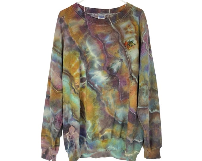 Vintage 90s Oversized Sweatshirt Pullover Mens XL Unisex Crewneck Handmade Geode Tie Dye Earthy Gold One Of A Kind Upcycled Free Shipping