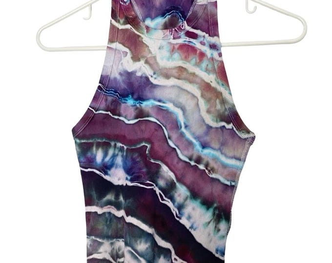 Geode Tie Dye Ribbed Tank Top Womens Size XS High Neck Racerback Purple Blue