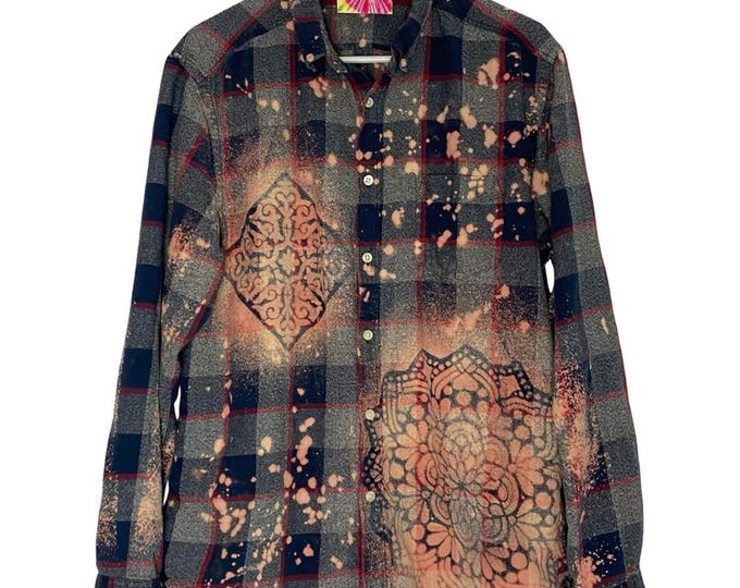 Handmade Floral Flannel Shirt Mens Size Large Unisex Upcycled Bleached Grunge Plaid Button Down
