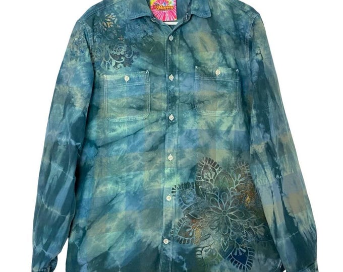 Handmade Floral Flannel Shirt Mens Size Large Unisex Plaid Button Down Tie Dye