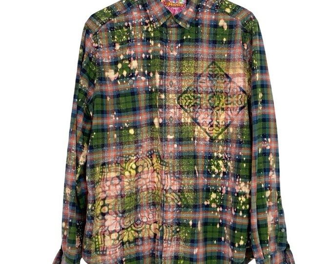 Handmade Floral Flannel Shirt Womens Size Medium Large Stencil Plaid Button Down