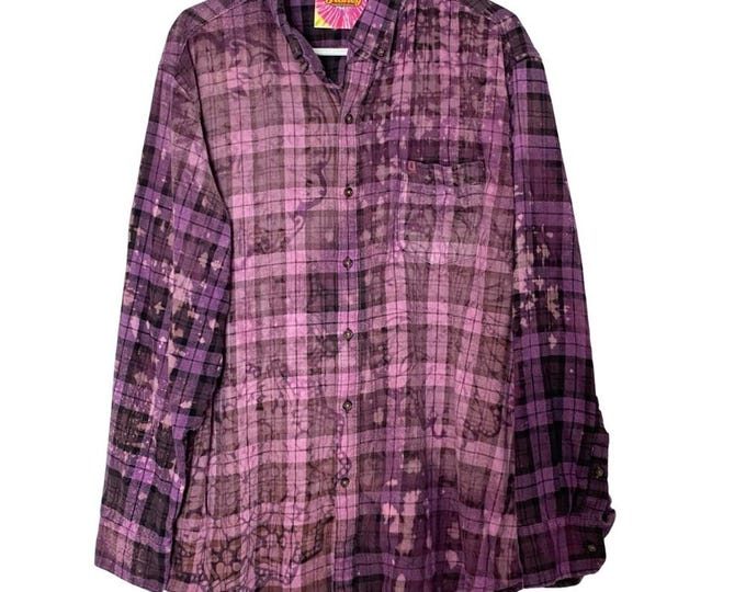 Handmade Floral Flannel Shirt Mens Size 2XL Unisex Purple Plaid Button Down 2X