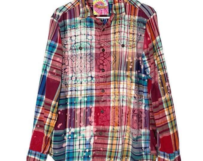 Handmade Floral Flannel Shirt Mens Size Medium Unisex Bleached Plaid Button Down
