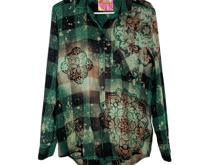 Handmade Floral Flannel Shirt Womens Size Medium Bleached Plaid Button Down Top