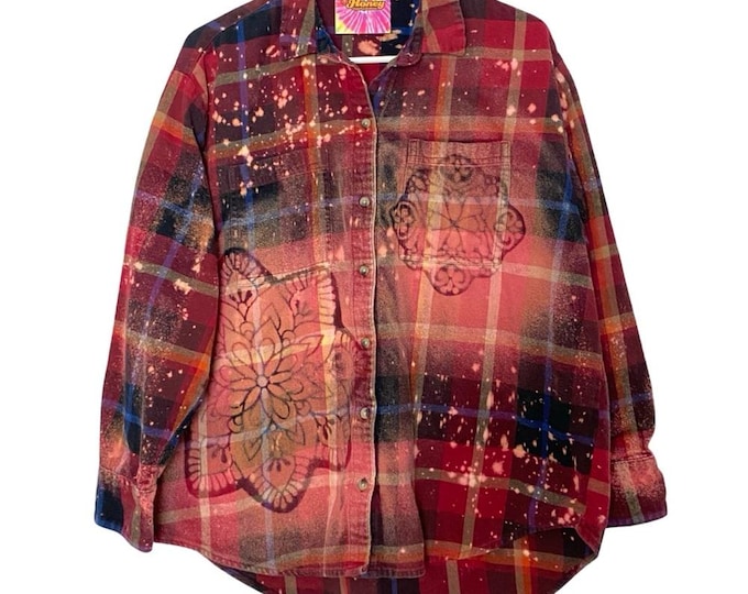 Handmade Floral Flannel Shirt Womens Size Medium Bleached Plaid Button Down Red