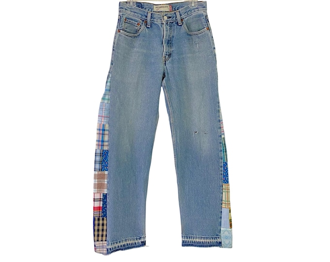 Levi’s 550 Custom Jeans Womens Size 6 Waist 28 Plaid Patchwork Levis Upcycled Rare Free Shipping